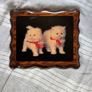 VTG Persian kittens with bows lacquered on a wood plaque, ready to hang, 12x10
